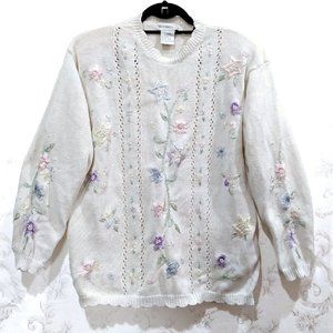 Vintage 80s Pastel Embroidered Kawaii Fairy Kei Sweater S Floral Cotton Oversize